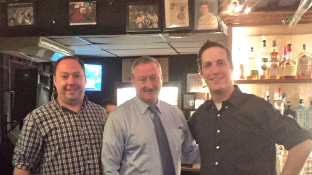  Mayoral candidate Jim Kenney stopped in at Billy Murphy's Irish Saloonery Quizzo night on Tuesday. Pictured here with manager Michael Murphy (left) and bartender Jonathan Kennedy. (Image via the Kenney campaign Twitter feed) 
