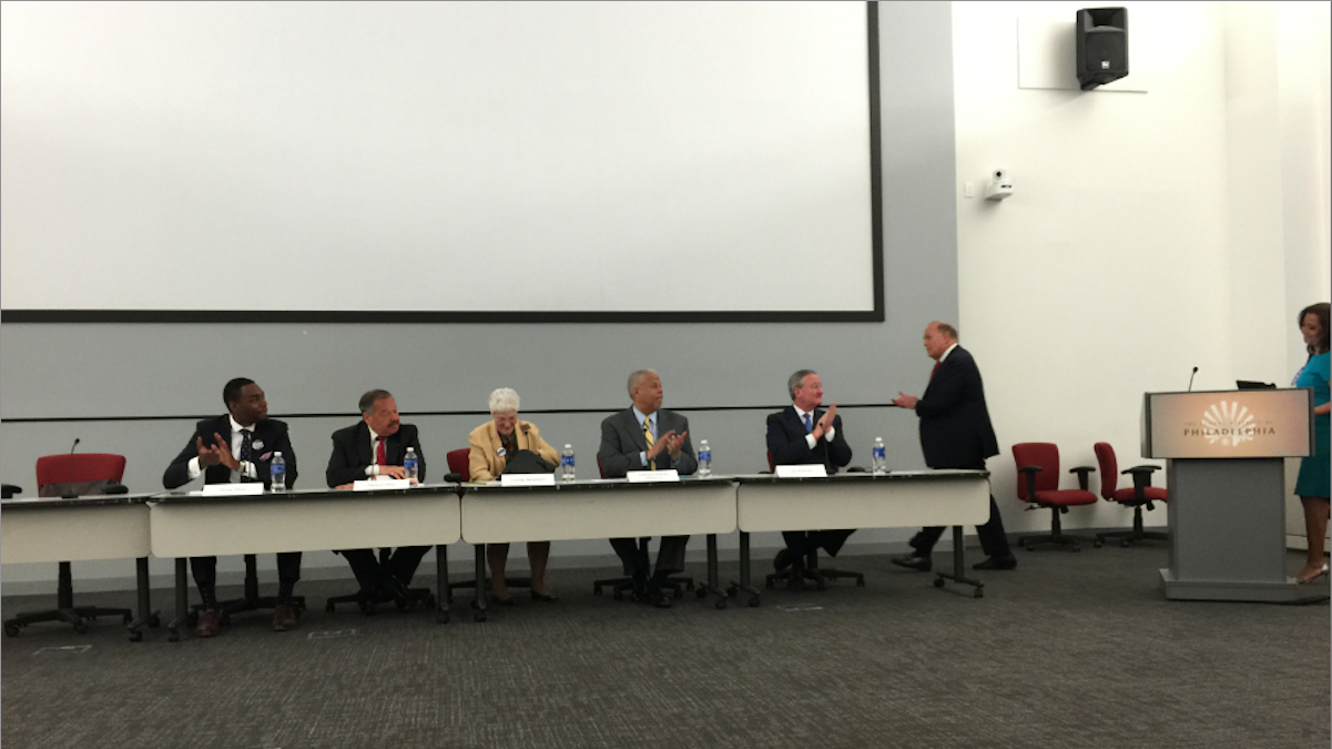  Ed Rendell (sixth from left), after kicking off Monday morning's Rendell Center for Civics and Civic Engagement mayoral forum at school-district headquarters. (Brian Hickey/WHYY)  