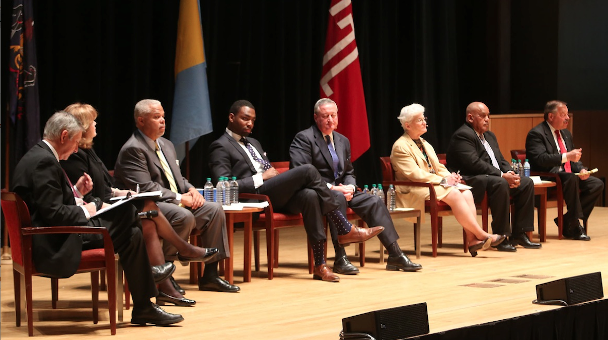  The six Democratic mayoral candidates fielded questions from WHYY's Dave Davies and the Daily News' Sandra Shea during Monday night's Next Mayor Debate. (Stephanie Aaronson/via The Next Mayor partnership) 
