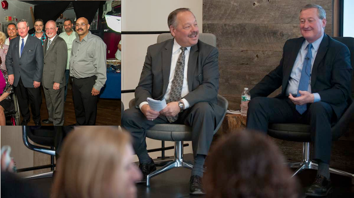  Nelson Diaz and Jim Kenney share a laugh after Diaz asked whether Kenney intentionally turned his microphone off at a recent forum. Inset: The photo at the heart of the Diaz campaign's question. (Tracie Van Auken/for NewsWorks) 