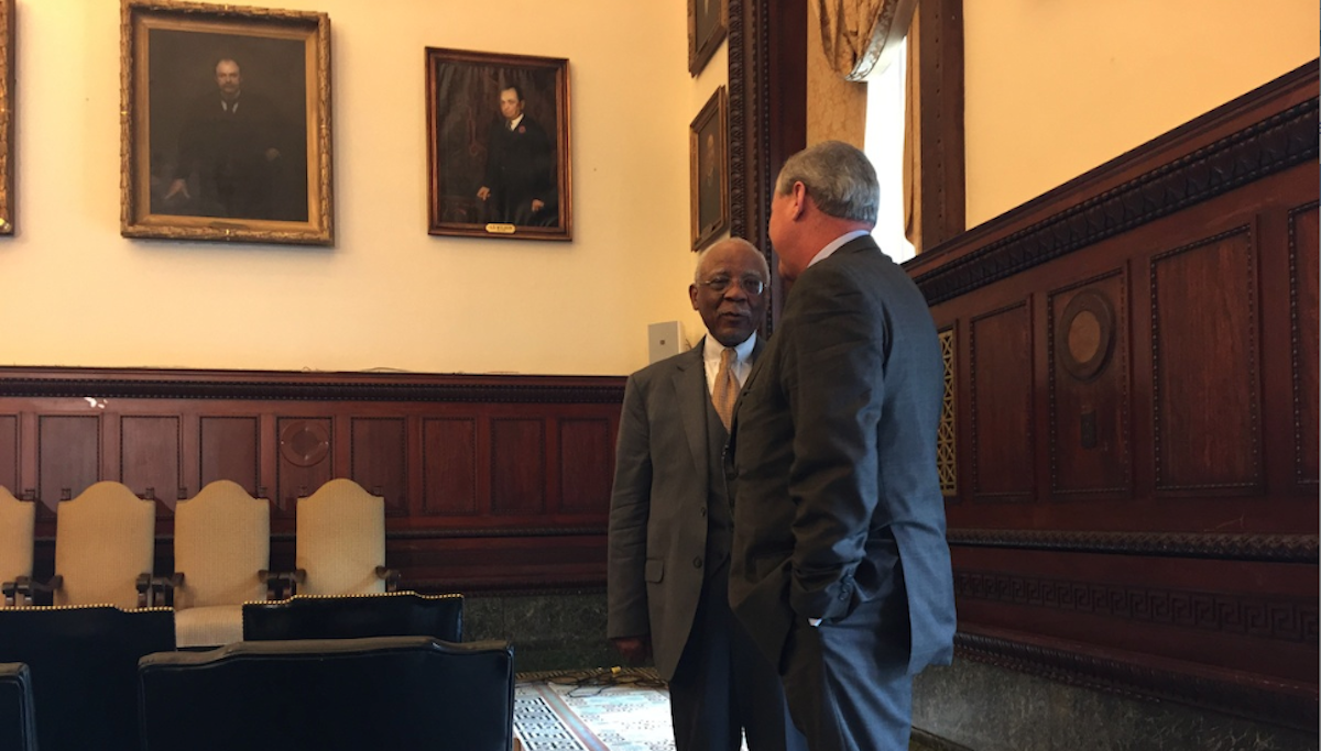  Former Mayor Wilson Goode congratulated Jim Kenney on his mayoral-primary victory before Wednesday morning's event in City Hall. (Brian Hickey/WHYY) 