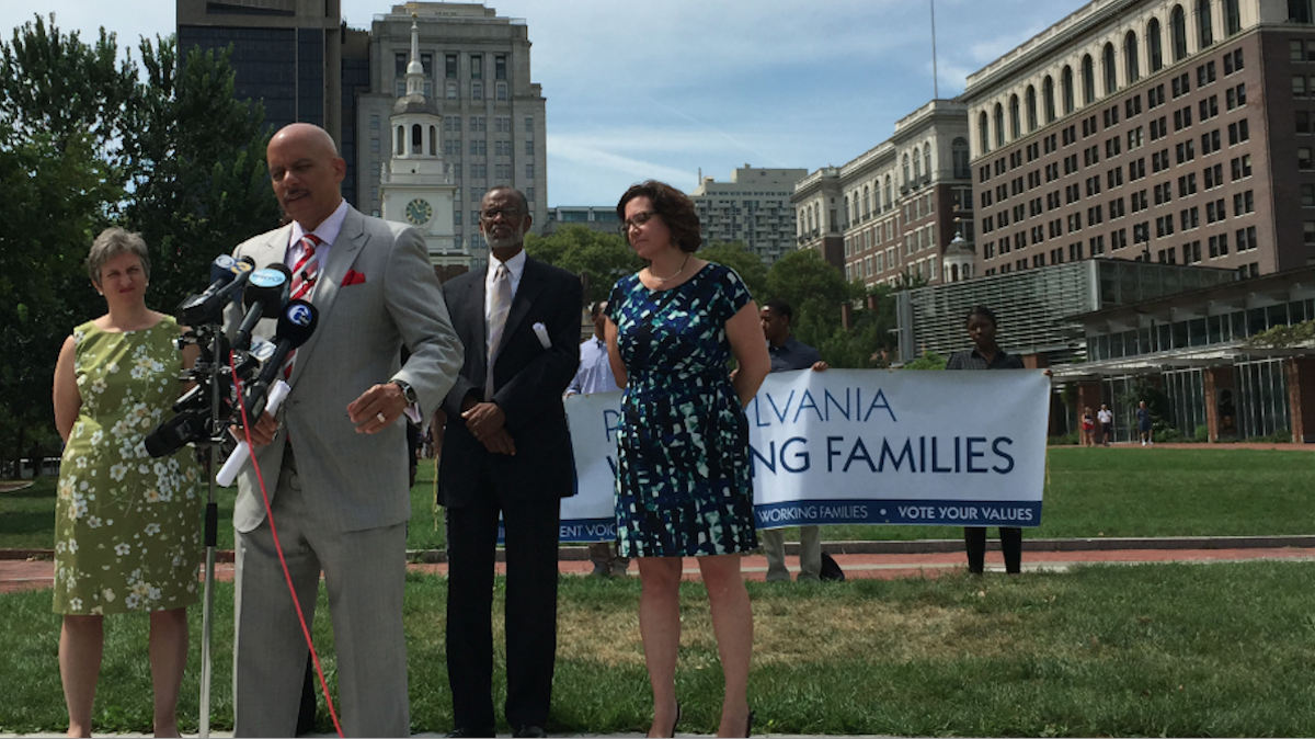  State Sen. Vincent Hughes, D-Philadelphia, speaks Thursday  about the 50th anniversary of the Voting Rights Act passage. (Brian Hickey/WHYY) 