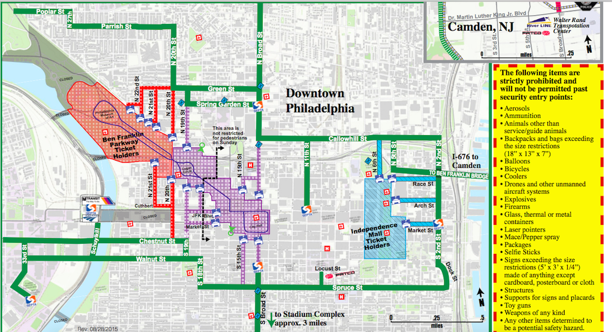  The green lines indicate walking routes to papal events. (Courtesy of the U.S. Secret Service) 
