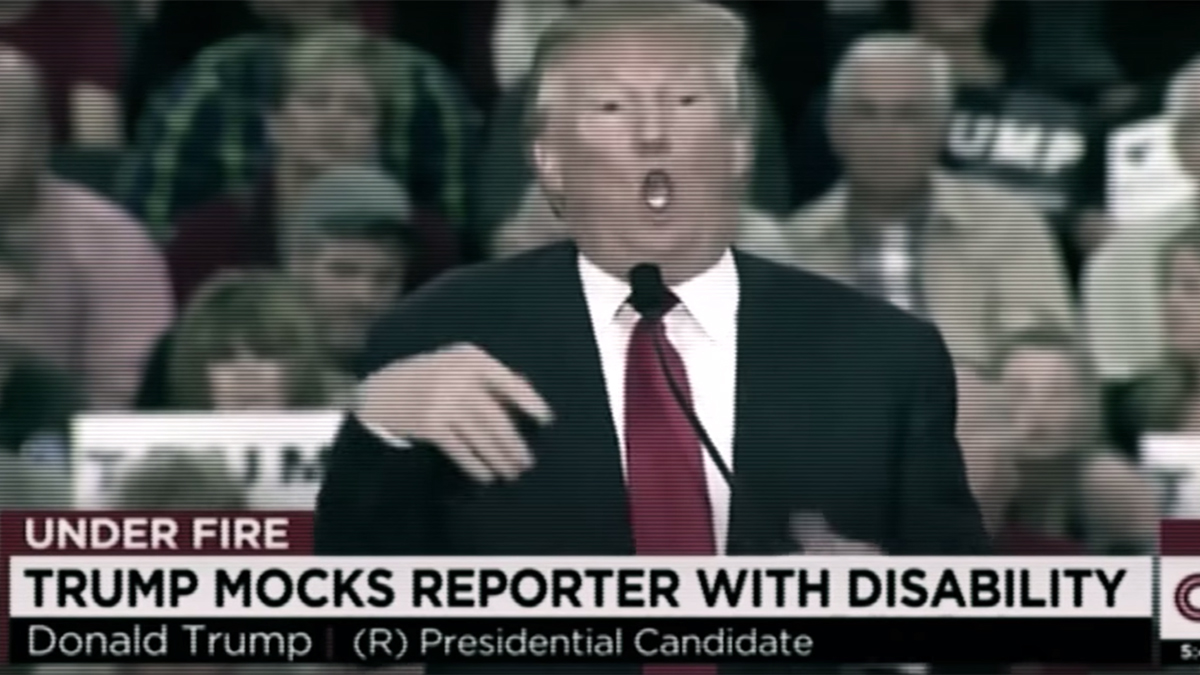 A new ad recalls Trump mocking a reporter last November.(image from Priorities USA Action ad)