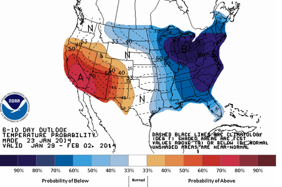 A temperatures outlook from the National Weather Service, indicating a high probability of below normal temperatures in the region during the six to 10 day period.  