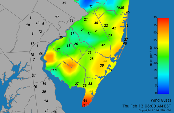  8 a.m. wind gusts. (Image: Rutgers University's NJ Weather and Climate Network) 
