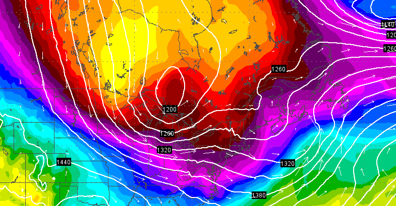  The Monday 06z GFS forecast model temperature map for Wednesday evening, indicating the arrival of polar air. While the map depicts temperatures about a mile above the surface, it is useful in demonstrating the airmass.  