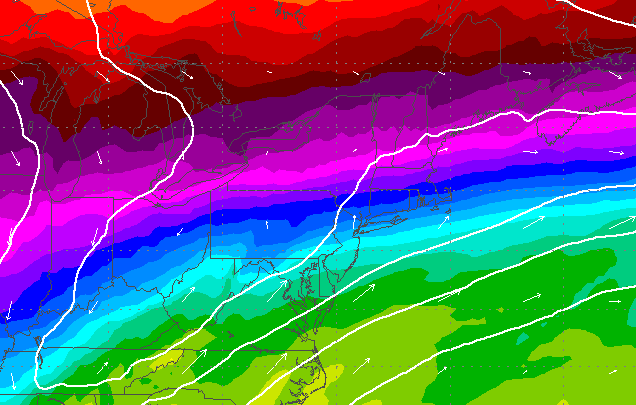  850 mb temperature profile from the early Wednesday EURO forecast model, indicating a range from colder (north) to warmer (south) in the region.  