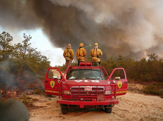  Wardens from the New Jersey Forest Fire Service District B3 check the progress on a March 2013 prescribed burn in the Warren Grove Gunnery Range. Pictured from left: Chad Bozoski, George Jackson III and Steve Pratt.(Photo courtesy of George Gerber III, NJFFS) 
