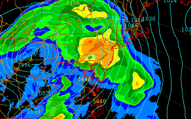  The 12z NAM forecast model indicating precipitation moving through the area Monday night. (Image via New York Metro Weather) 