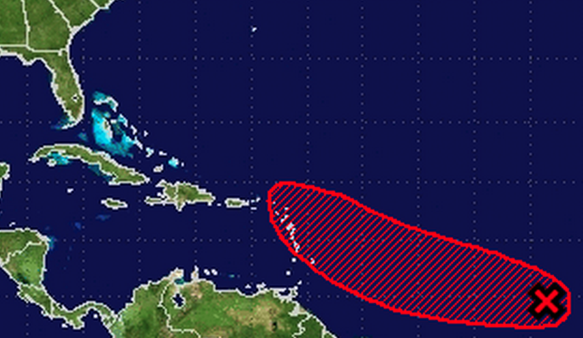  The 5-day experimental outlook issued by the National Hurricane Center, indicating the potential track of the disturbance.  