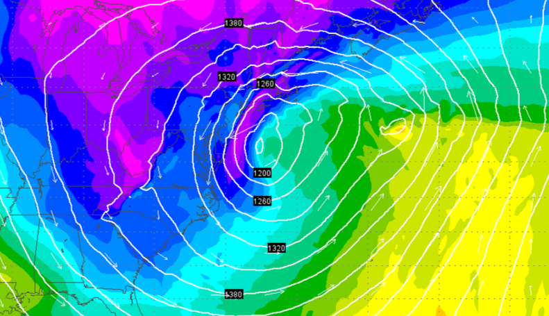  The 12z European model run for Tuesday morning, showing an intense low pressure system off the Delmarva. (Image: Weather Underground) 