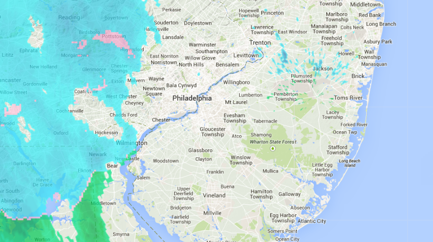  Radar at 4:30 p.m., indicating snow to the west of Philadelphia that will pass through the Jersey Shore this evening. (Image: Weather Underground) 