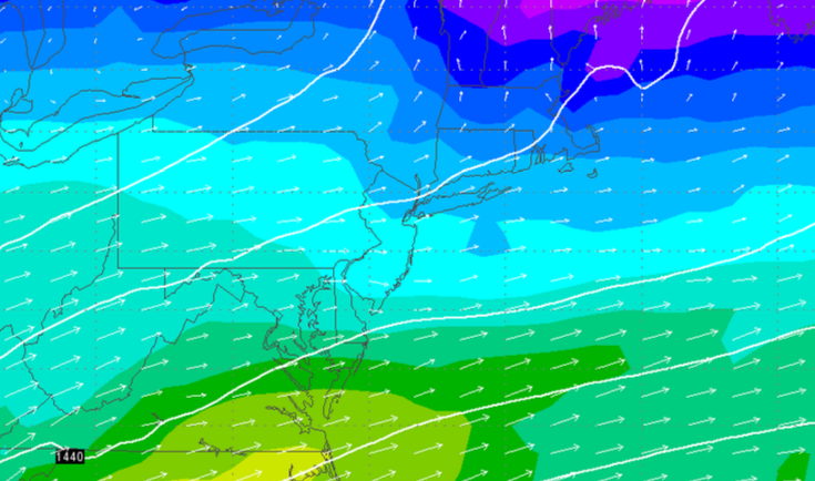  The GFS forecast model upper level temperature slide for Sunday evening, showing the warmer air filtering in from the southwest.   