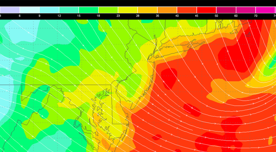  The NAM forecast model for Sunday morning, showing sustained winds between 35 and 45 miles per hour along the coast. Gusts will be higher.   