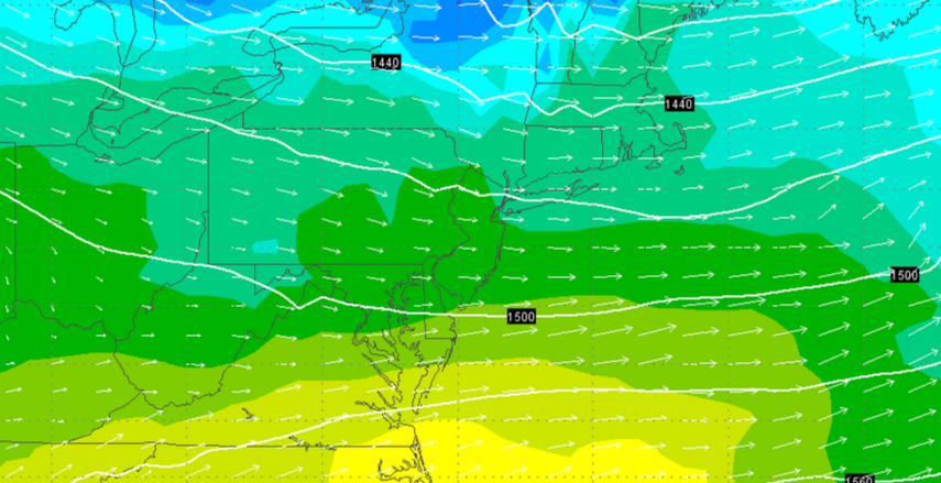  Mild air flowing through New Jersey on Wednesday. (Image: GFS forecast model/Weather Underground) 