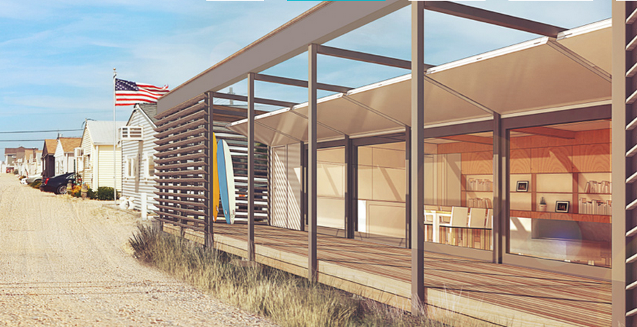  A rendering of the SURE HOUSE depicted within a traditional Jersey Shore bungalow community. (Image courtesy of Stevens Institute of Technology)  