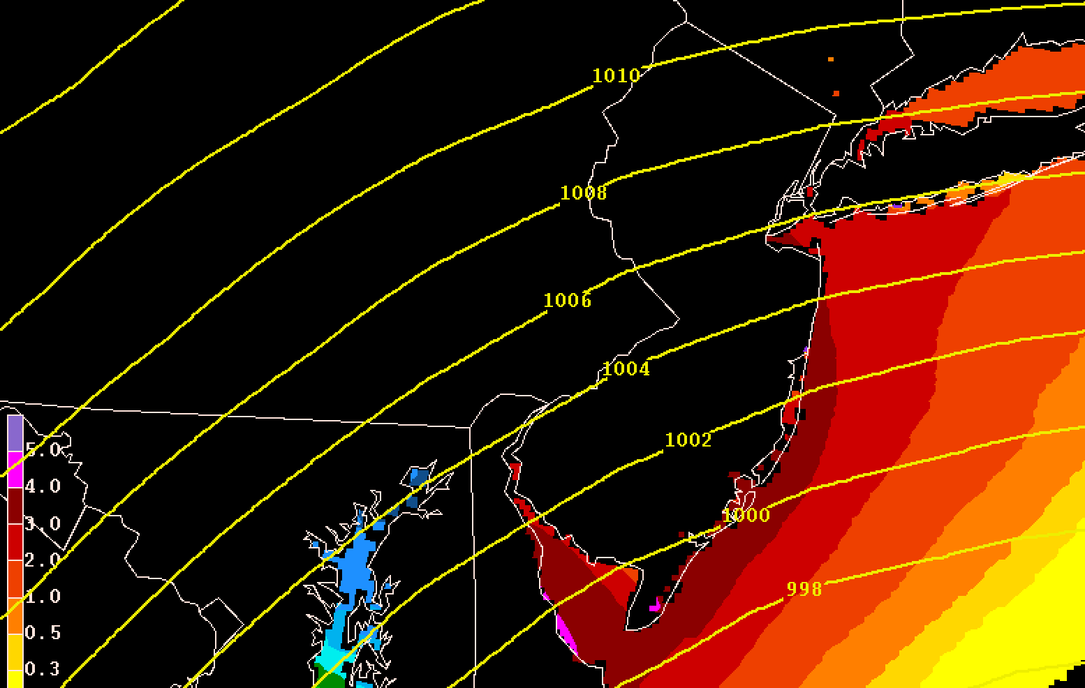  A NOAA surge projection for early Sunday. Surge levels have dropped to under 4 feet for the southern half of the Jersey Shore, except for a small portion of Cape May County.  