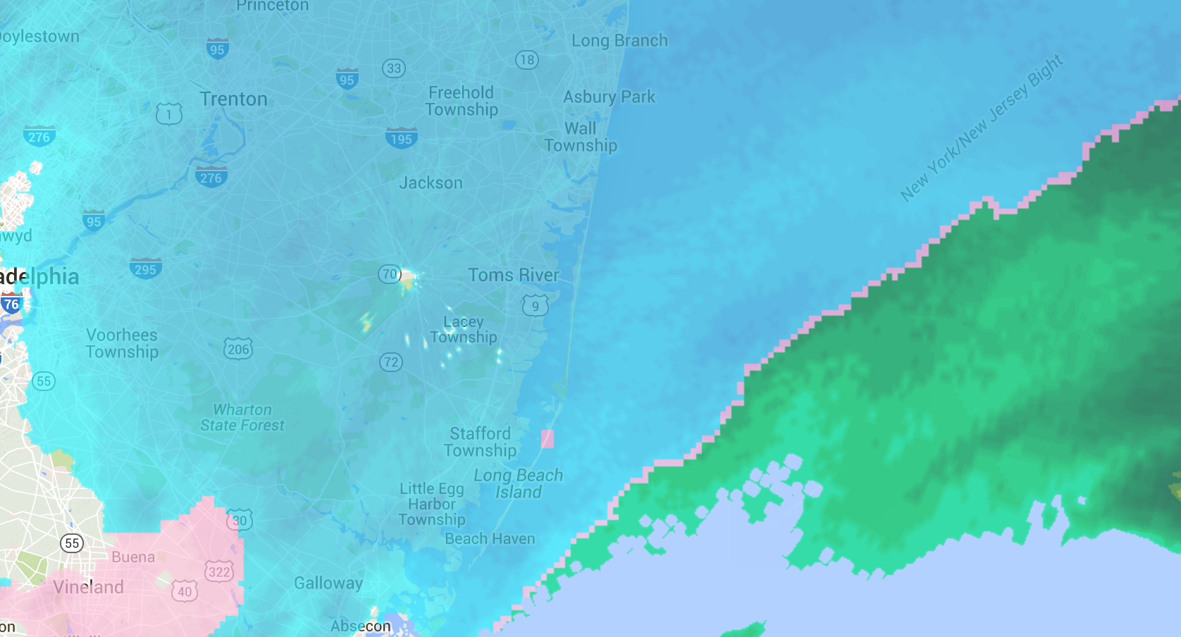  Radar image at 7:50 a.m. today, showing heavy snow at the Jersey Shore. 
