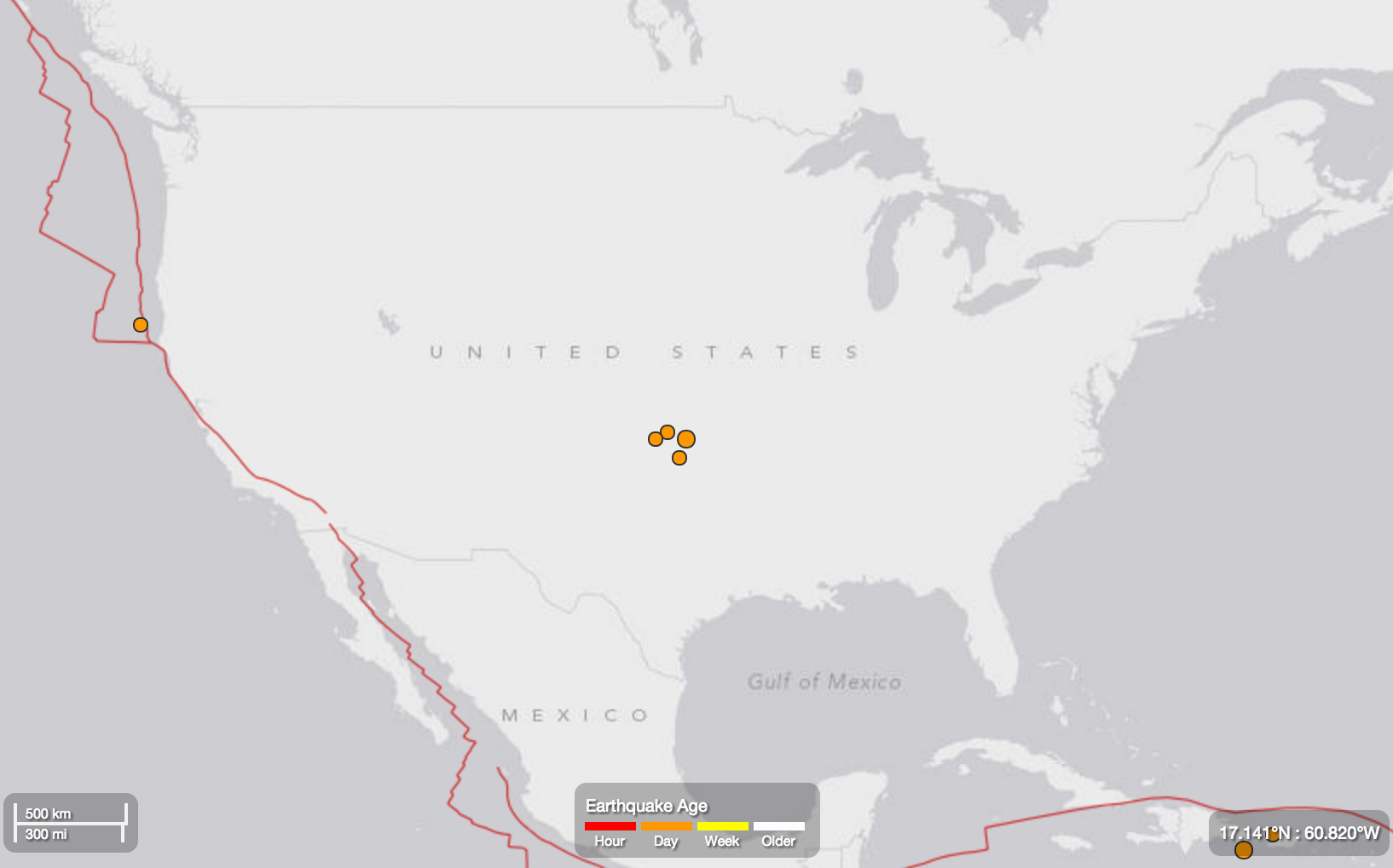  2:00 p.m. earthquake map from the US Geological Survey, depicting none in New Jersey. 