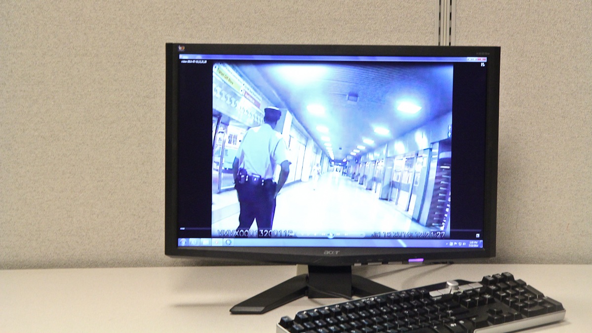  The Philadelphia Police Department is now testing body-mounted cameras on its officers. Pictured here is a SEPTA Transit Police test of a new body mounted camera that can hold 8GB of video and will be activated by the officer in the event of an incident. (Kimberly Paynter/WHYY) 