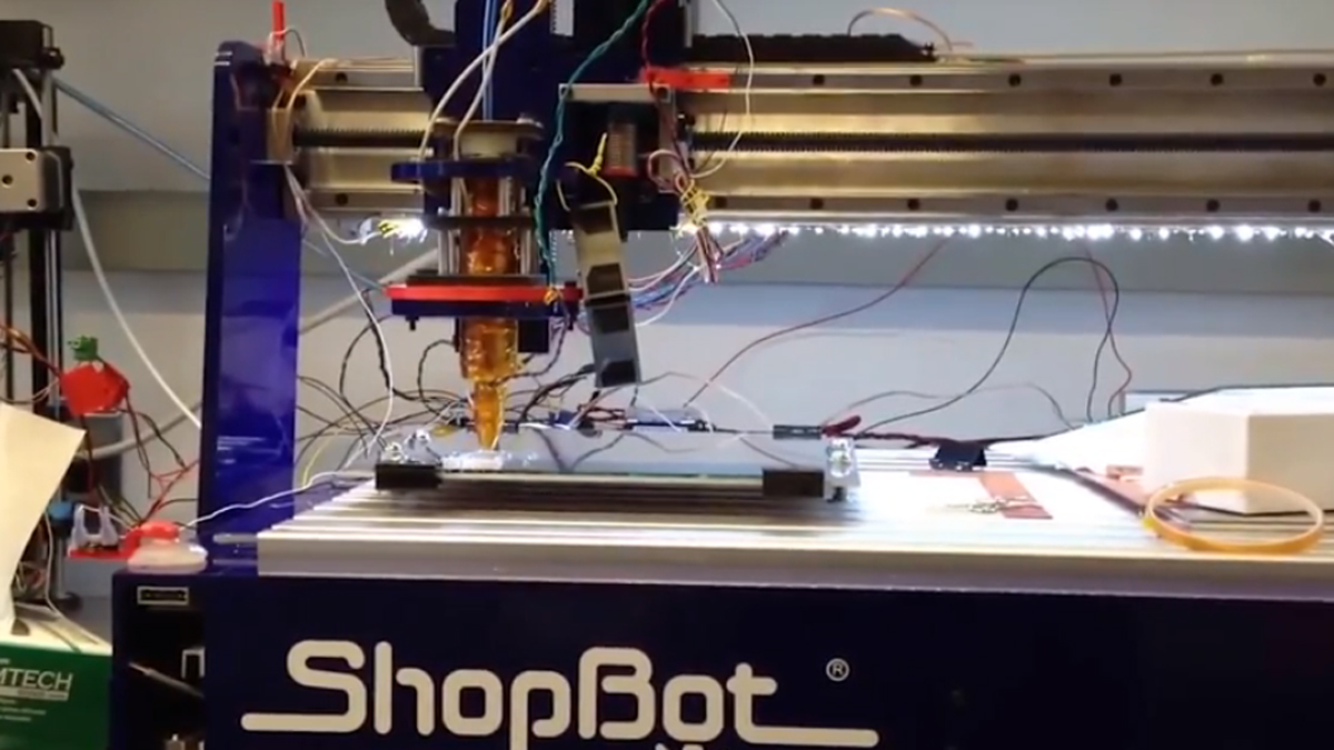 The ShopBot 3D printer lays down  carbohydrate tubing that will form a vascular system to nourish the cells as layers of human tissue are 'printed'. (University of Pennsylvania/Kurtis Sensenig )