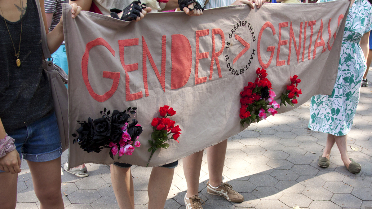 Supporters hold a banner in New York City's Washington Square Park on the 8th Annual Trans Day of Action on June 22