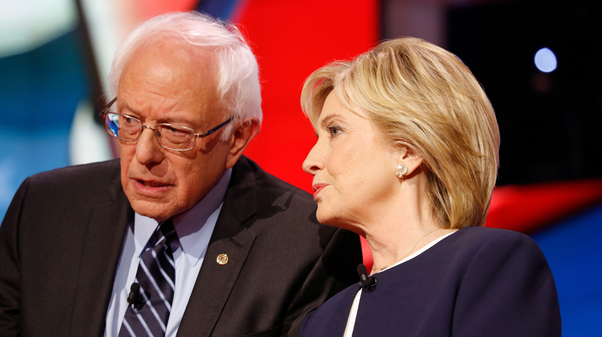  Democratic presidential candidates Bernie Sanders and Hillary Clinton are shown in October 2015. (<a href='http://www.shutterstock.com/pic-328825136/stock-photo-las-vegas-nv-october-cnn-democratic-presidential-debate-features-candidates-sen-bernie.html?src=JfyuUhSZDStJxBCbb07U3g-1-2'>Image</a> courtesy of Shutterstock.com) 
