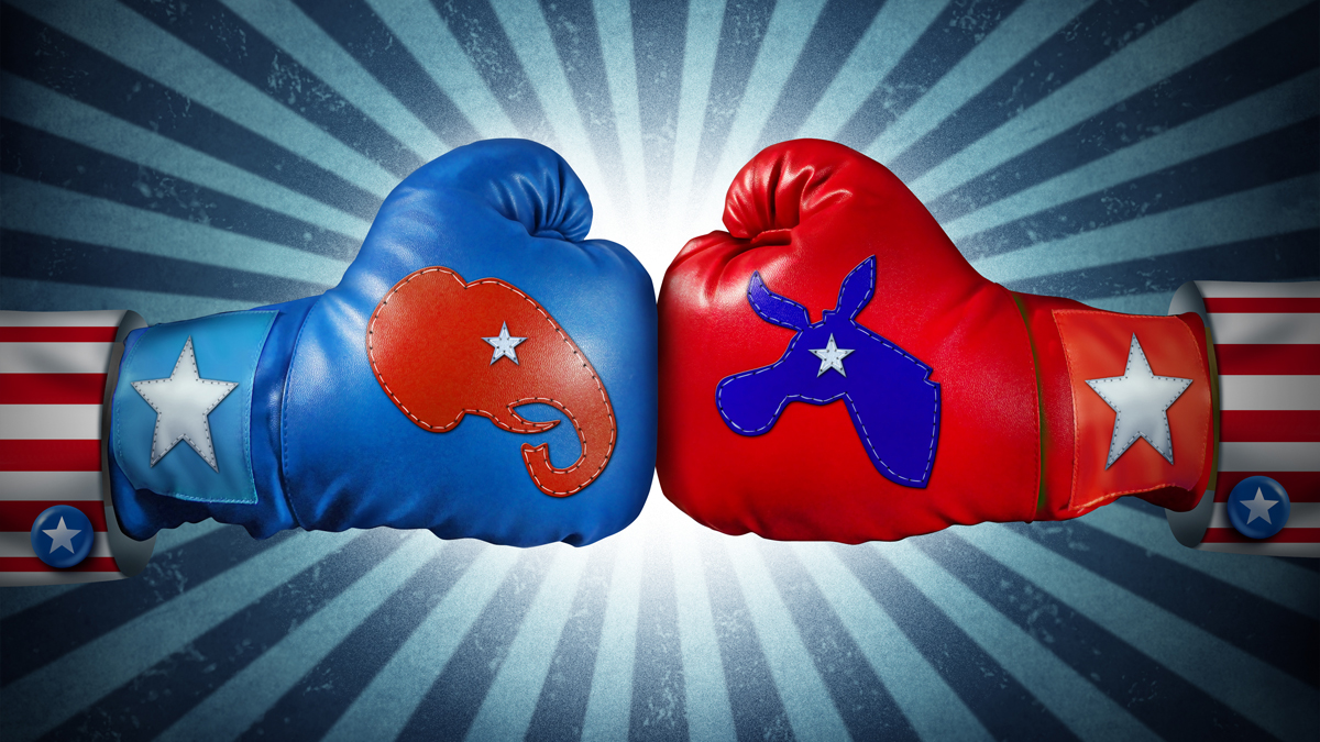  (<a href='http://www.shutterstock.com/pic-116560858/stock-photo-american-election-fight-as-republican-versus-democrat-as-two-boxing-gloves-with-the-elephant-and.html'>Image</a> courtesy of Shutterstock.com) 