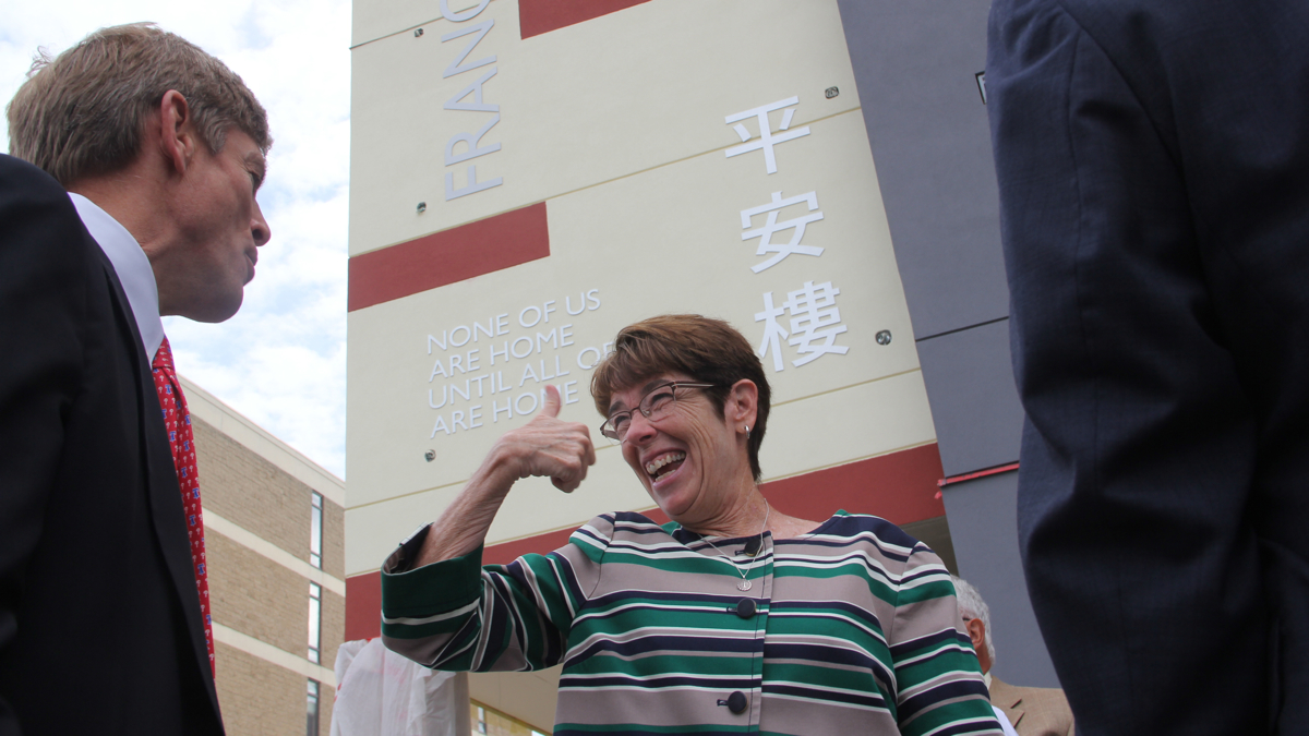  Sister Mary Scullion attends the dedication of Francis House of Peace, a 9-story low-income apartment building in Chinatown. (Emma Lee/WHYY) 