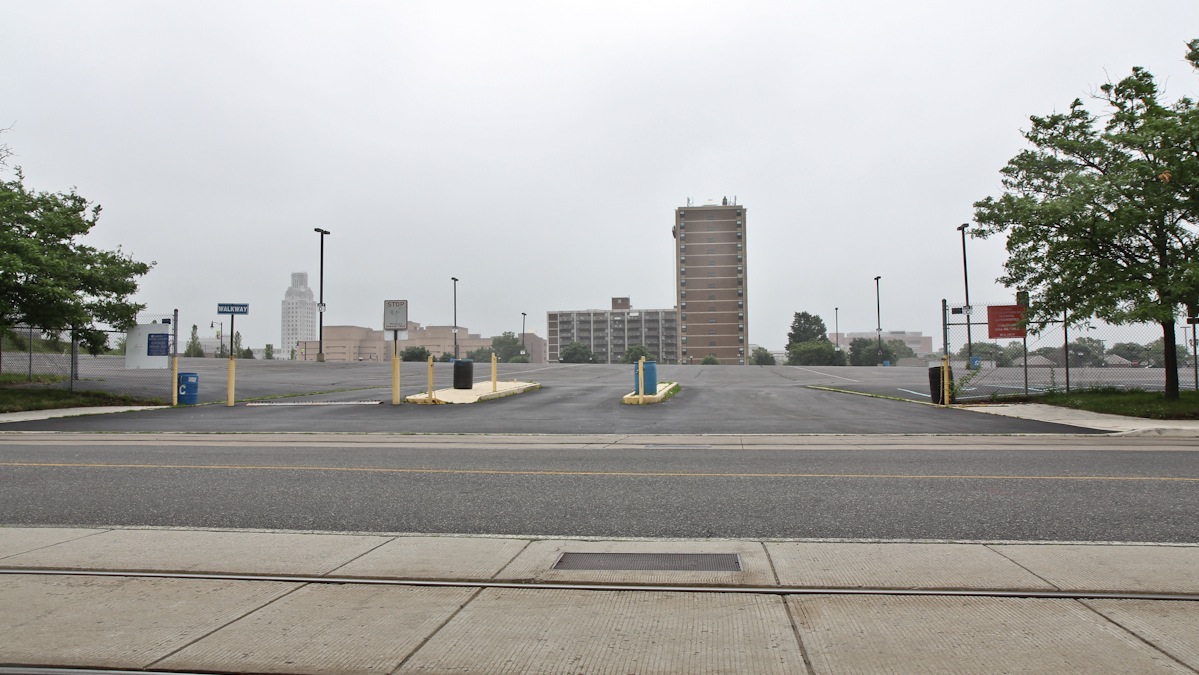  The site of the new Sixer's practice stadium is located on the Southeast corner of Martin Luther King Blvd. and Delaware Ave. in Camden, between the Susquehanna Bank Center and the Adventure Aquarium. (Kimberly Paynter/WHYY) 