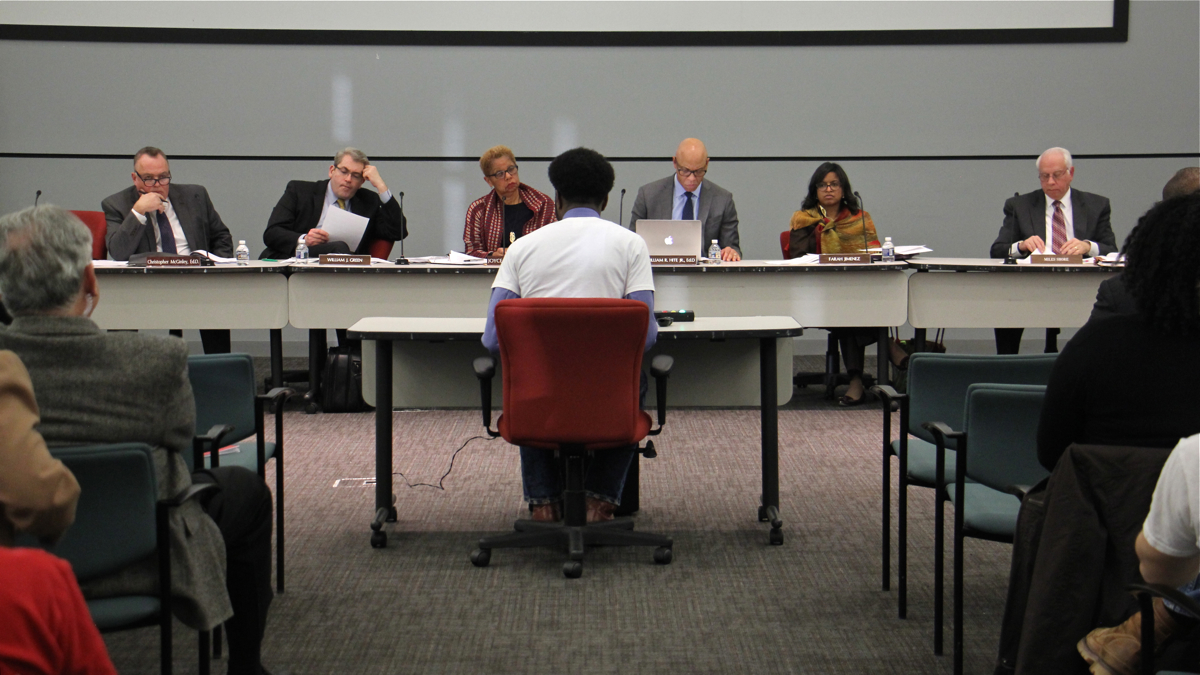 Kileeo Wideman testifies on behalf of Deep Roots Charter School before the Philadelphia School Reform Commission
