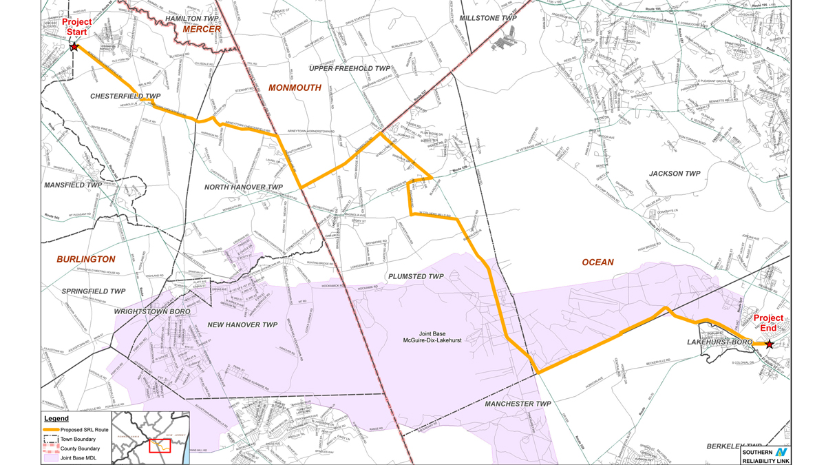  New Jersey Natural Gas has proposed a 30-mile natural gas pipeline to run through Burlington, Monmouth and Ocean counties. It would go through Joint Base McGuire-Dix-Lakehurst. (New Jersey Natural Gas) 
