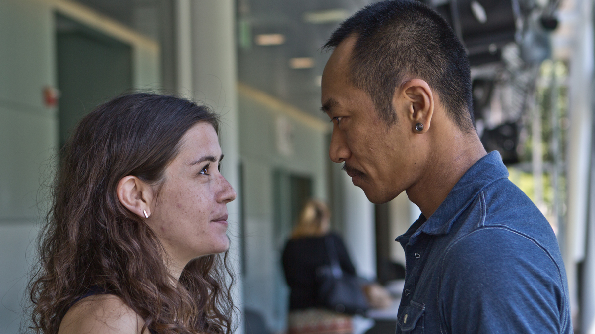 Philadelphia artists Danielle Gatto and Makoto Hirano are shown at WHYY studios. (Kimberly Paynter/WHYY)