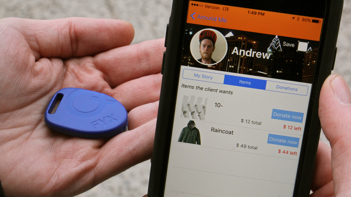 A new app alerts users when a homeless person with a wish list is nearby. A beacon (left) carried by the homeless person has a radius of up to 150 feet. (Emma Lee/WHYY)