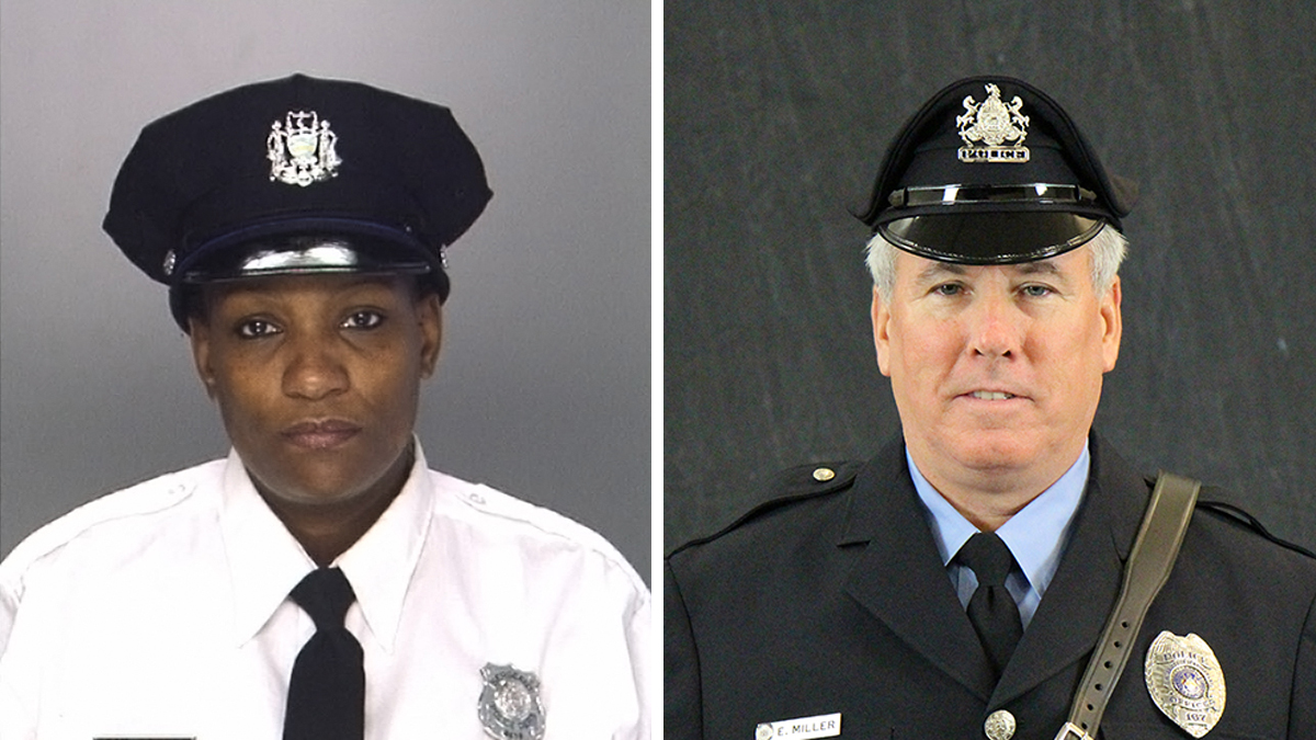 From left: Philadelphia Police Sgt. Sylvia Young and University of Pennsylvania Police officer Edward Miller both survived gunshot wounds sustained on Friday night in West Philadelphia. (Philadelphia Police Department / University of Pennsylvania Police)
