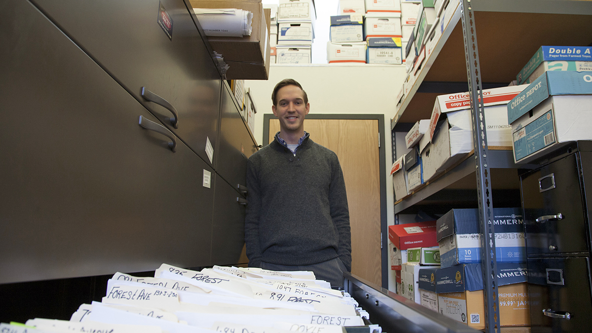  Tech in GovKyle Thauvette, West Homestead Borough manager, in what used to be the break room. The room is now used to store paper files, many of them used on a daily basis. A University of Pittsburgh class is helping the borough digitize some of its records. (Irina Zhorov/Keystone Crossroads)  