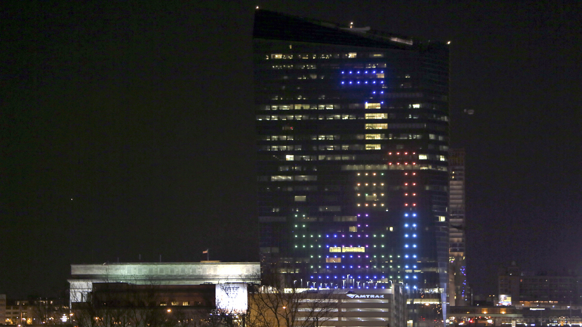 In this April 5, 2014 file photo shown is the classic video game Tetris played on the 29-story Cira Centre in Philadelphia, April 5, 2014, using hundreds of LED lights embedded in its glass facade. The spectacle kicks off a citywide series of events called Philly Tech Week and also celebrates the upcoming 30th anniversary of Tetris. (AP Photo/ Joseph Kaczmarek, File)