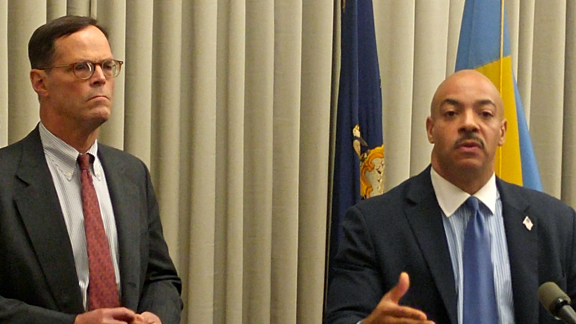  David Thornburgh of the Committee of 70 and Philadelphia District Attorney Seth Williams say that they will make sure Election Day is safe and that eligible voters will not be intimidated. (Tom MacDonald/WHYY) 