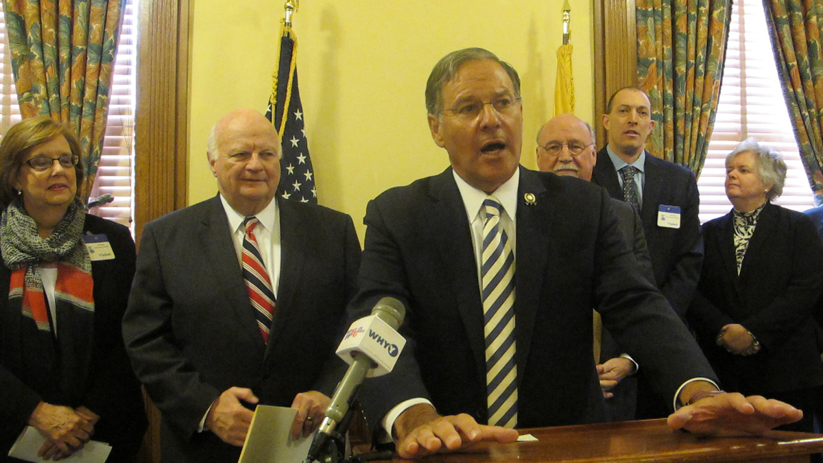  Assembly Republican Leader Jon Bramnick and hospital officials voice concerns about tiered health care plans. (Phil Gregory/WHYY) 