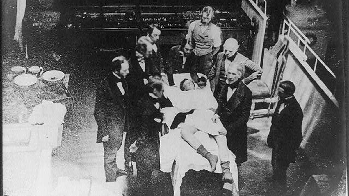 Scene believed to be a re-enactment of the demonstration of ether anesthesia by W.T.G. Morton on October 16