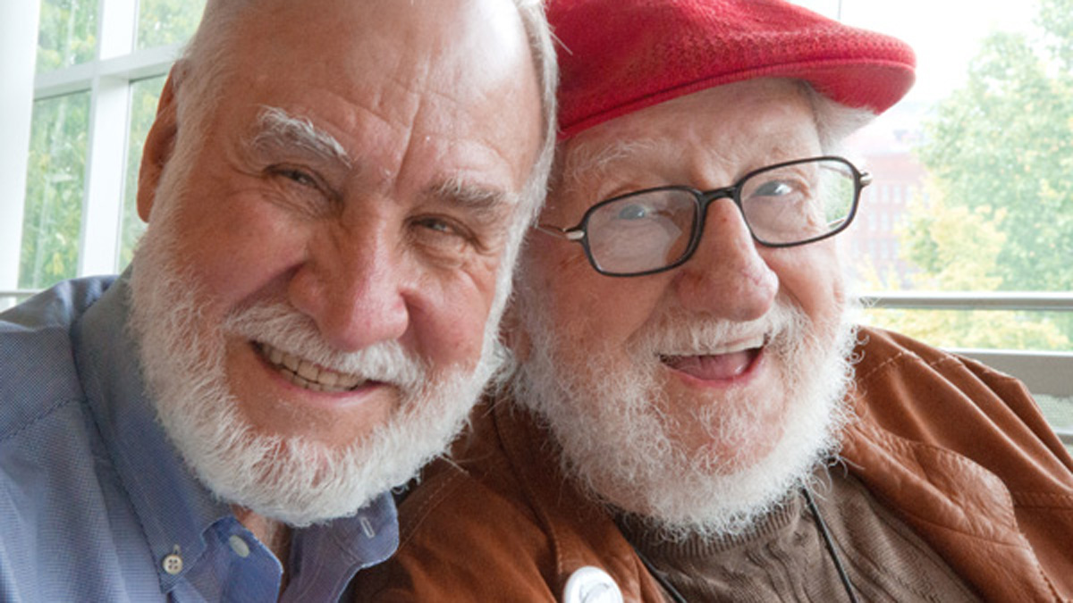  NewsWorks digital artist-in-residence Tony Auth (left) with friend, businessman and author Reese Palley. (Todd Vachon/WHYY) 