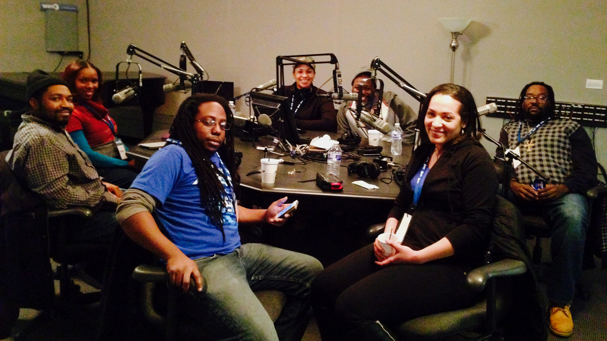  From left: Erik Mack (Master Tribble), Jasmine Mack (Phoenix Tribble), Jason Richardson (Spider-Tribble), Kennedy Allen (Strom Tribble), Len Webb (BatTribble), Danae Richardson (Scully Tribble), and Randy Green (Super Tribble). (Jeanette Woods/WHYY) 