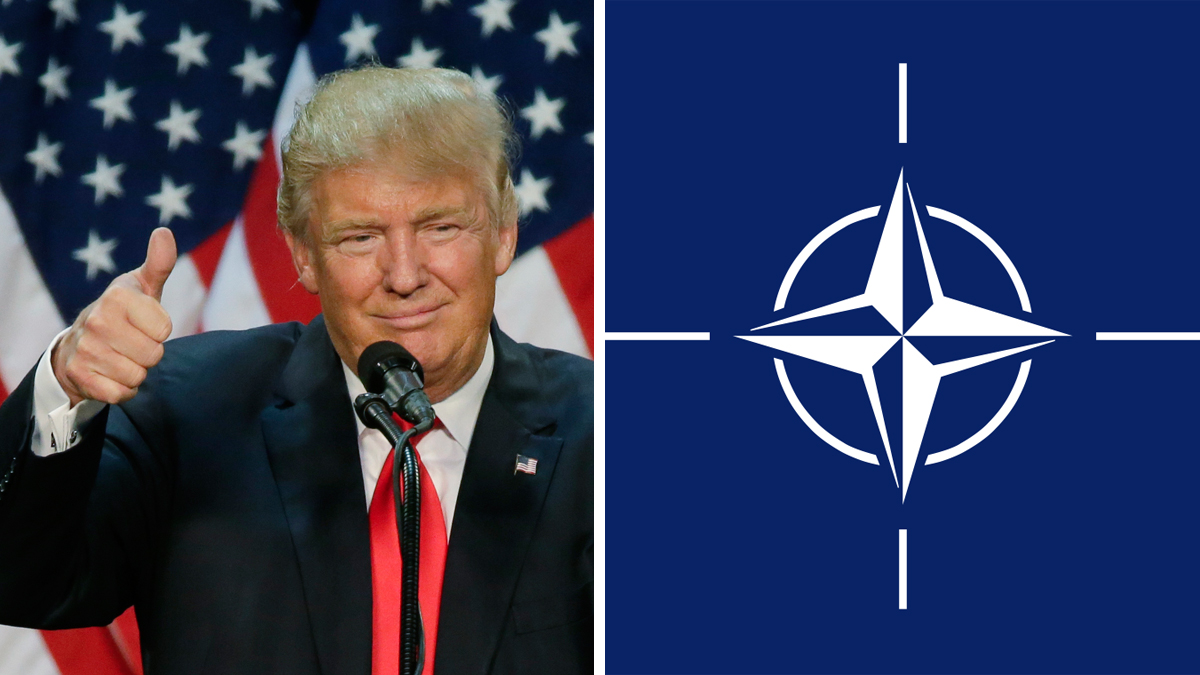 Left: Donald Trump (AP Photo); Right: NATO flag