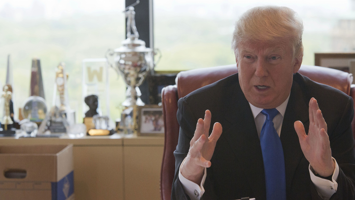 Republican presidential candidate Donald Trump is shown speaking to the Associated Press in his office at Trump Tower in New York City in May. (AP Photo/Mary Altaffer