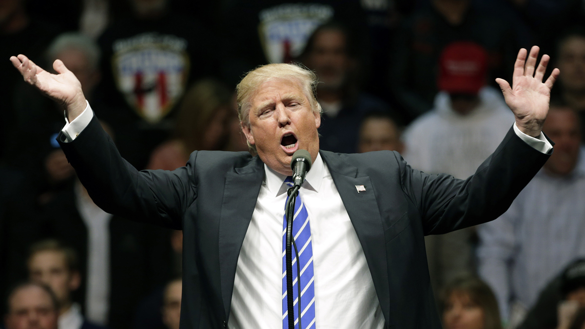 Republican presidential candidate Donald Trump speaks during a rally at the Times Union Center on Monday