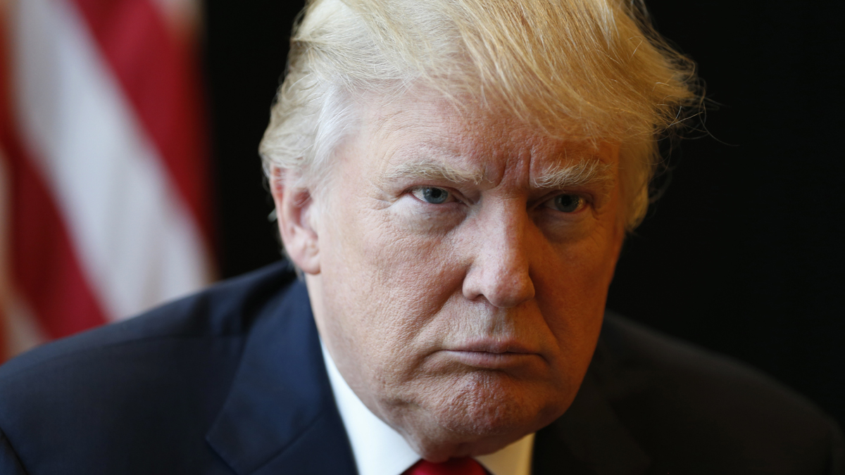 Republican Presidential candidate Donald Trump listens to a question during an interview after a rally in Virginia Beach