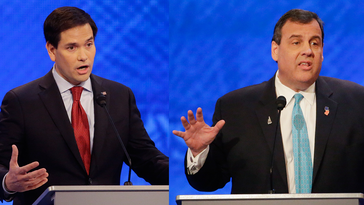  Republican presidential candidates, Sen. Marco Rubio, R-Fla., and New Jersey Gov. Chris Christie during a Republican presidential primary debate hosted by ABC News at the St. Anselm College Saturday, Feb. 6, 2016, in Manchester, N.H. Both Photos: (AP Photo/David Goldman) 