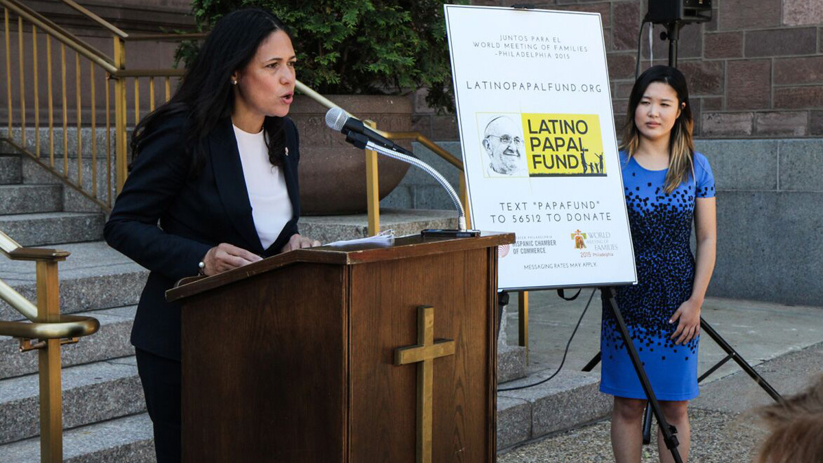  Varsovia Fernandez, CEO of the Greater Philadelphia Hispanic Chamber of Commerce, announces the effort to encourages donations of $5 from at least 100,000 in the Latino community. (Kimberly Paynter/NewWorks) 