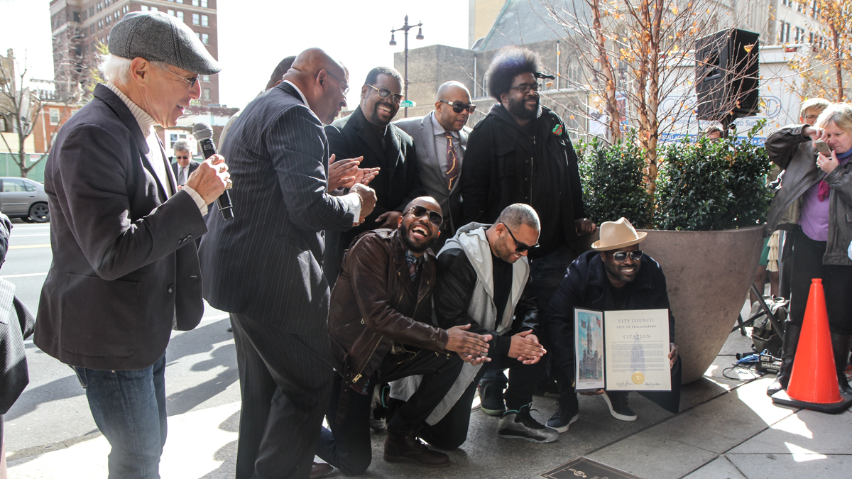 Jerry Blavat and Mayor Nutter congratulate the Roots, who were honored as one of 7 new Walk of Fame stars outside the Kimmel Center Monday. (Kimberly Paynter/WHYY)
